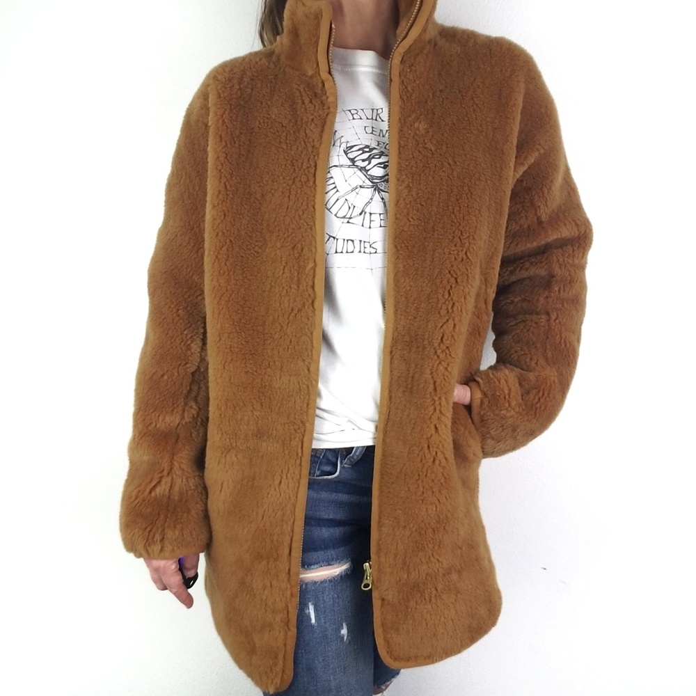 J. Crew | Zip Up Plush Fleece Coat Warm Brandy